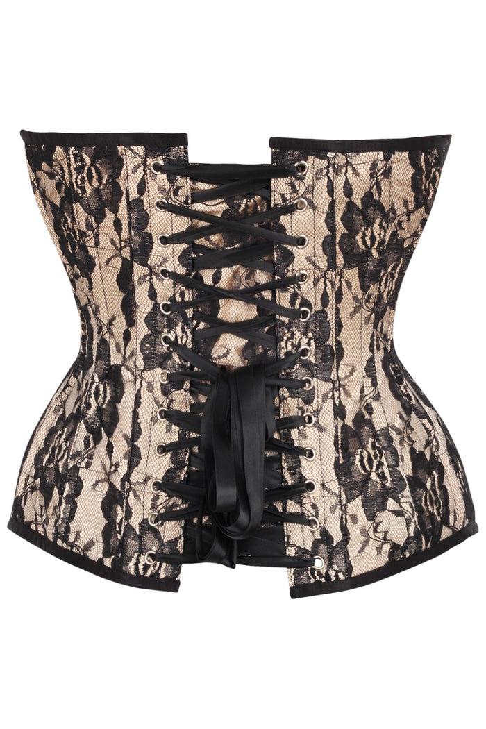 Daisy Beachwear Top Drawer Nude Satin W/Black Lace Overlay Steel Boned Overbust Corset
