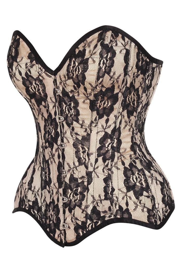Daisy Beachwear Top Drawer Nude Satin W/Black Lace Overlay Steel Boned Overbust Corset