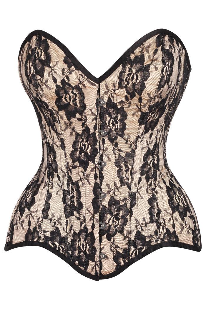 daisy beachwear Top Drawer Nude Satin w/Black Lace Overlay Steel Boned Overbust Corset