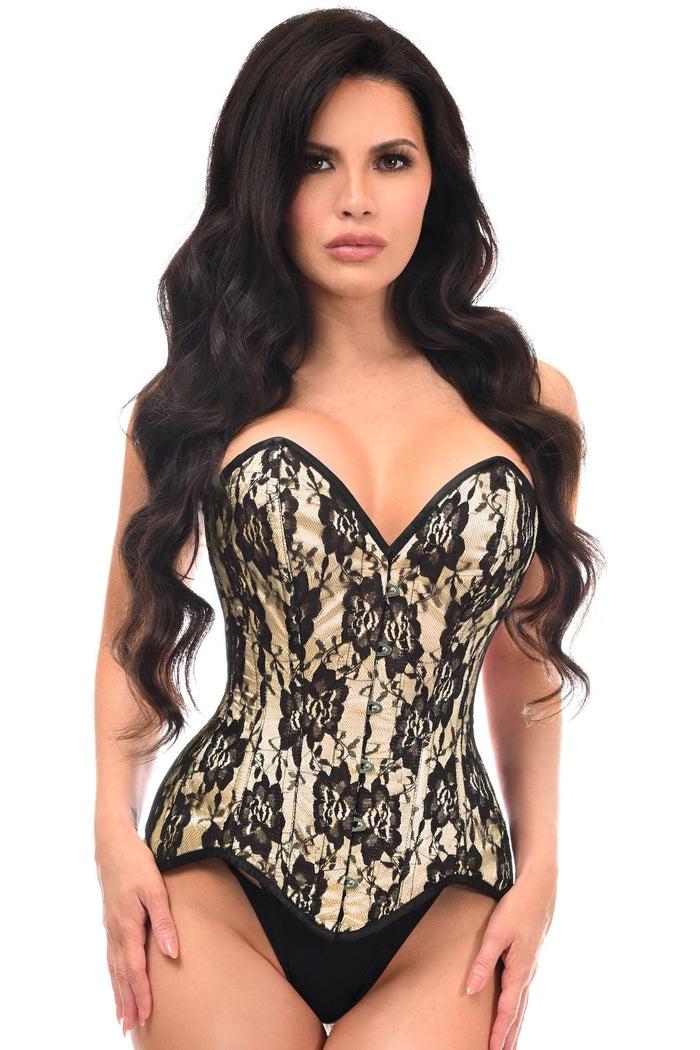 daisy beachwear Top Drawer Nude Satin w/Black Lace Overlay Steel Boned Overbust Corset