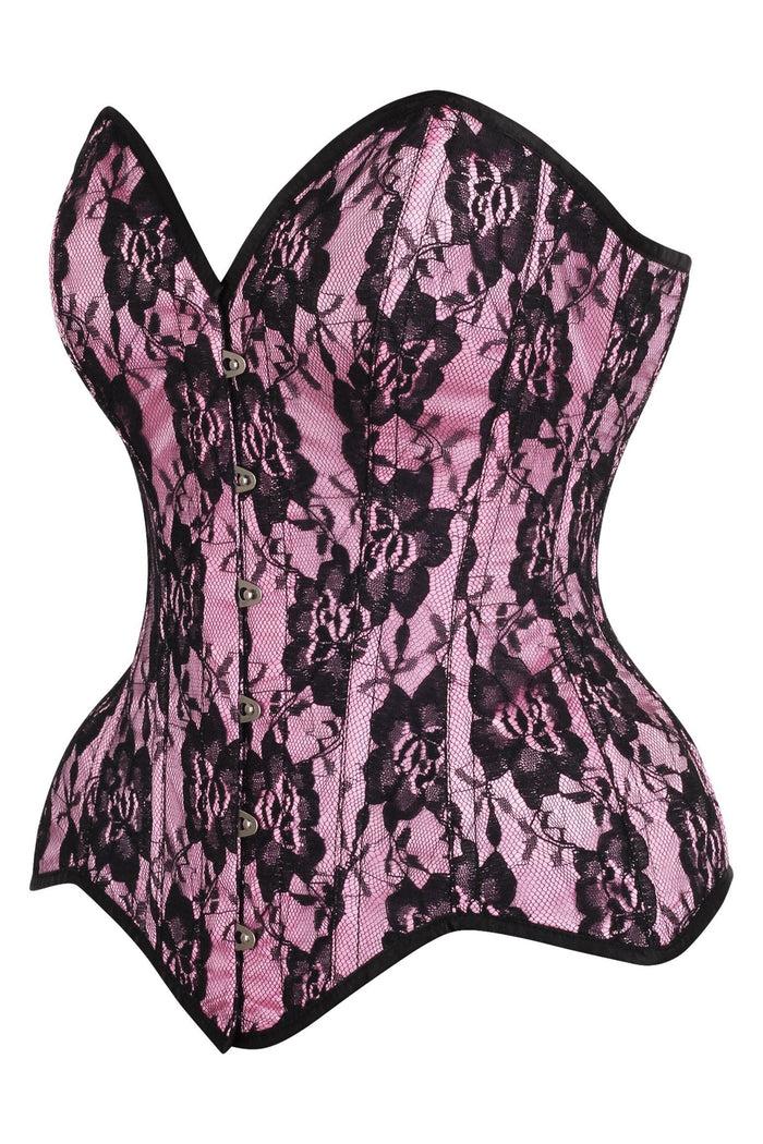 Daisy Beachwear Top Drawer Pink Satin W/Black Lace Overlay Steel Boned Overbust Corset