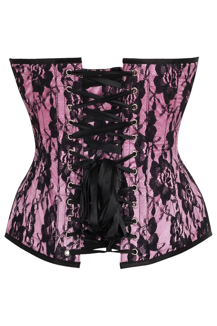 Daisy Beachwear Top Drawer Pink Satin W/Black Lace Overlay Steel Boned Overbust Corset