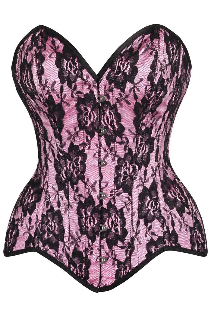 daisy beachwear Top Drawer Pink Satin w/Black Lace Overlay Steel Boned Overbust Corset