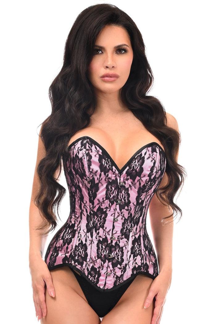 daisy beachwear Top Drawer Pink Satin w/Black Lace Overlay Steel Boned Overbust Corset