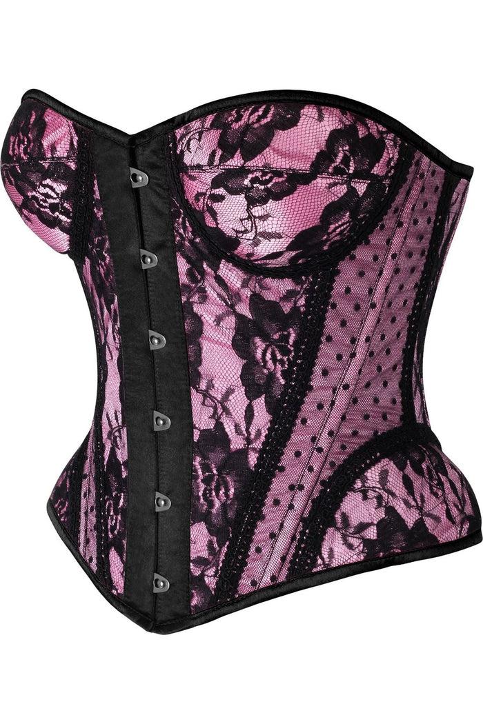 Daisy Beachwear Top Drawer Pink W/Black Lace Steel Boned Underwire Bustier Corset