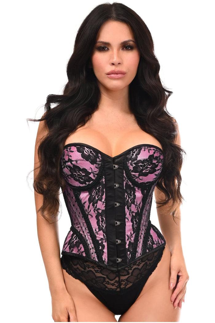 daisy beachwear Top Drawer Pink w/Black Lace Steel Boned Underwire Bustier Corset