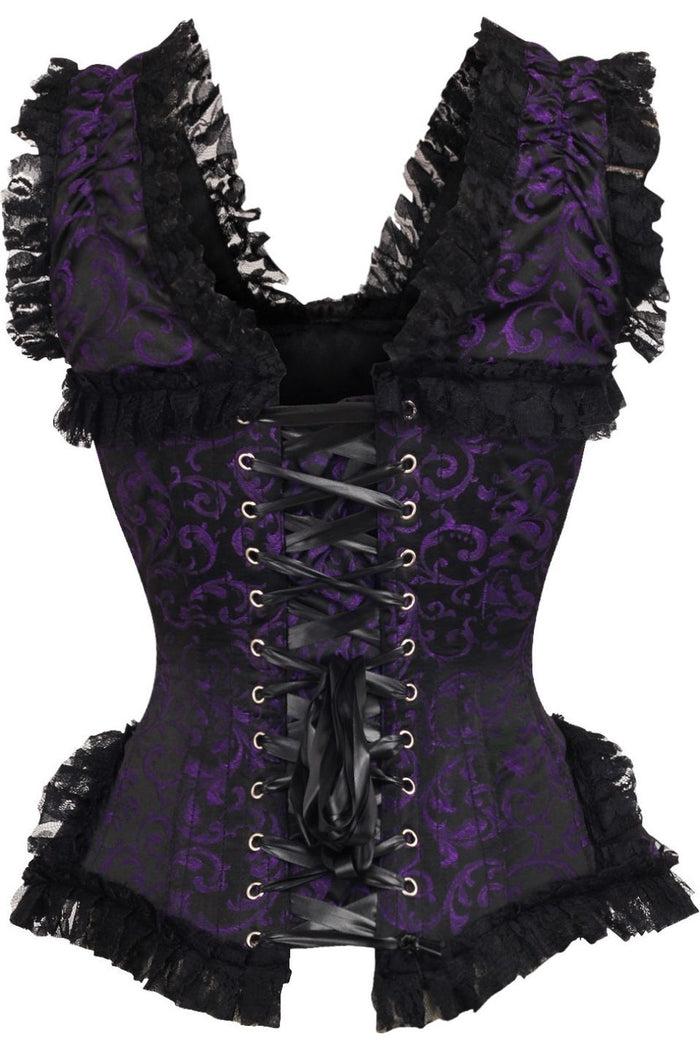 Daisy Beachwear Top Drawer Purple/Black Swirl Brocade & Lace Steel Boned Corset W/Cap Sleeves