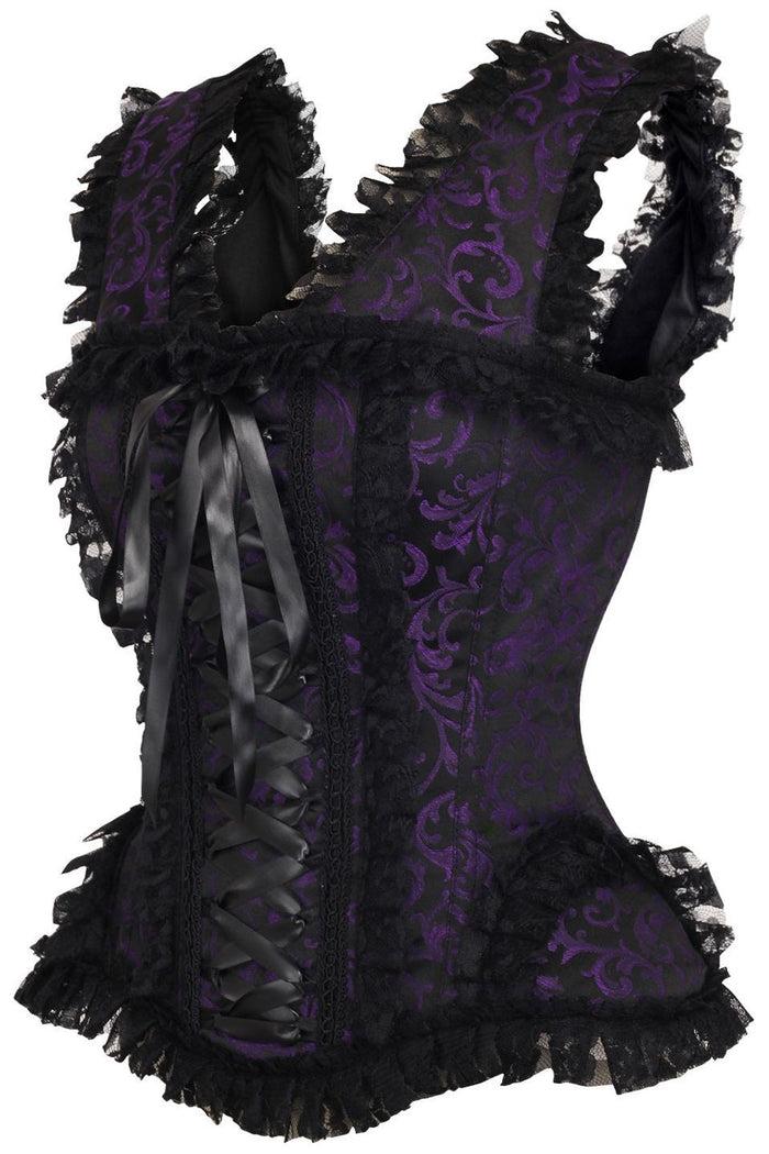 Daisy Beachwear Top Drawer Purple/Black Swirl Brocade & Lace Steel Boned Corset W/Cap Sleeves
