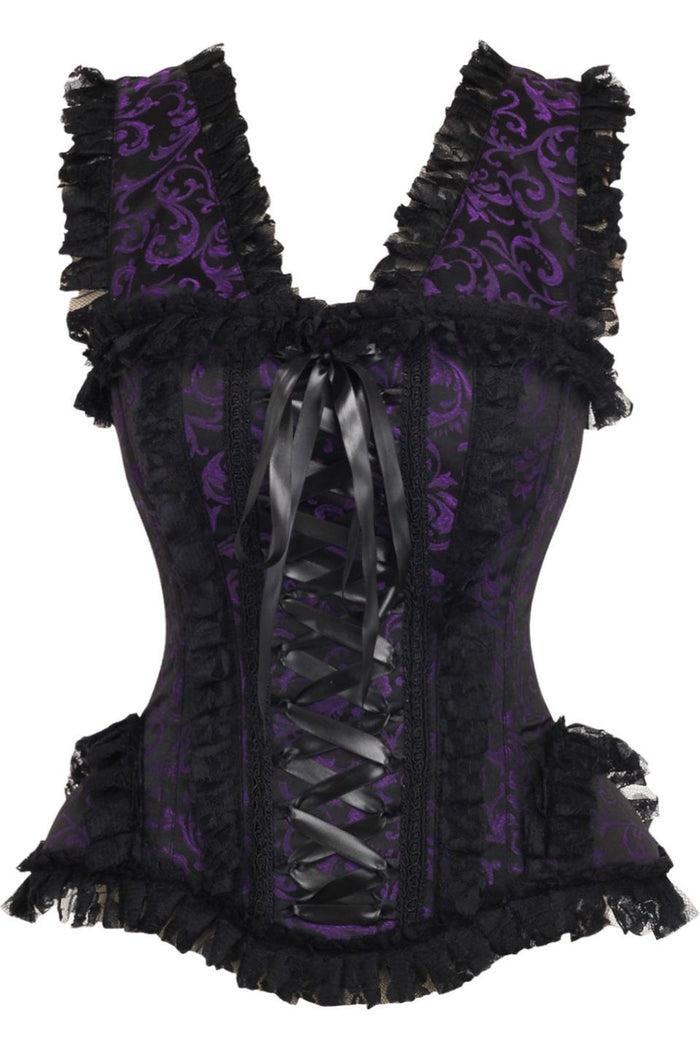 daisy beachwear Top Drawer Purple/Black Swirl Brocade & Lace Steel Boned Corset w/Cap Sleeves