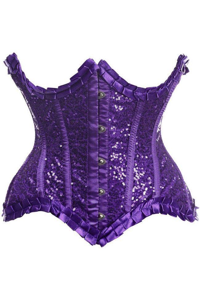 daisy beachwear Top Drawer Purple Satin & Sequin Underwire Curvy Cut Steel Boned Waist Cincher Corset