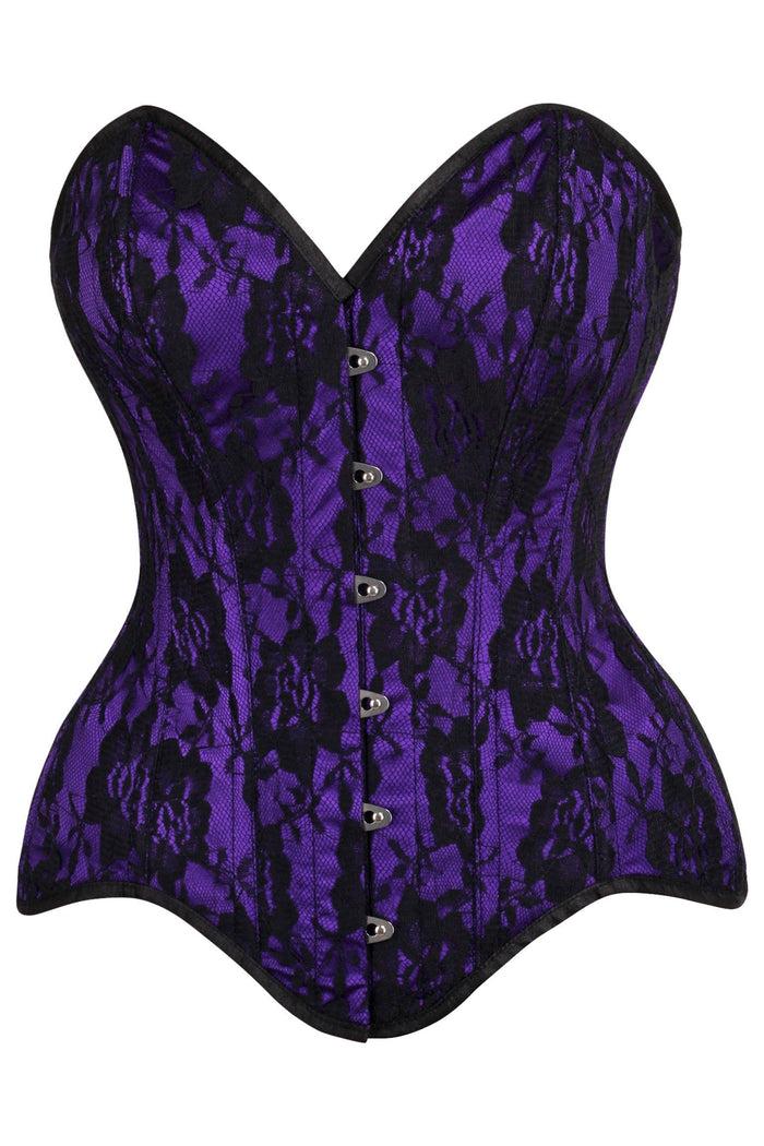 daisy beachwear Top Drawer Purple Satin w/Black Lace Overlay Steel Boned Overbust Corset