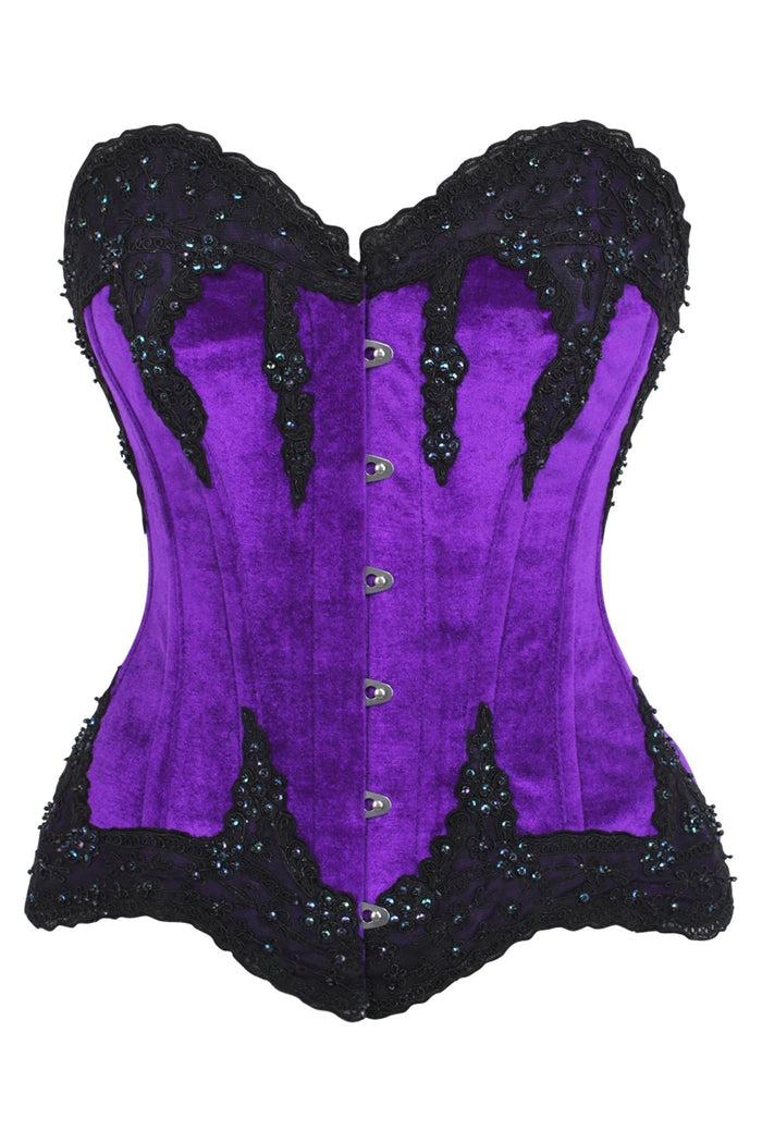 daisy beachwear Top Drawer Purple Velvet & Beaded Steel Boned Overbust Corset