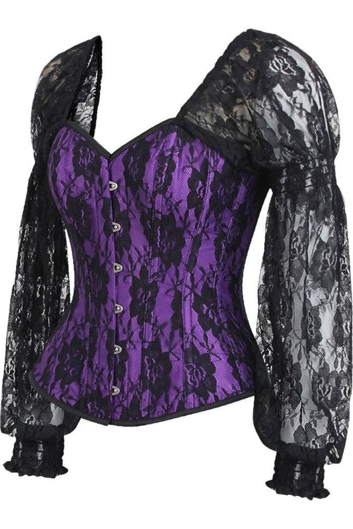 Daisy Beachwear Top Drawer Purple W/Black Lace Steel Boned Long Sleeve Corset