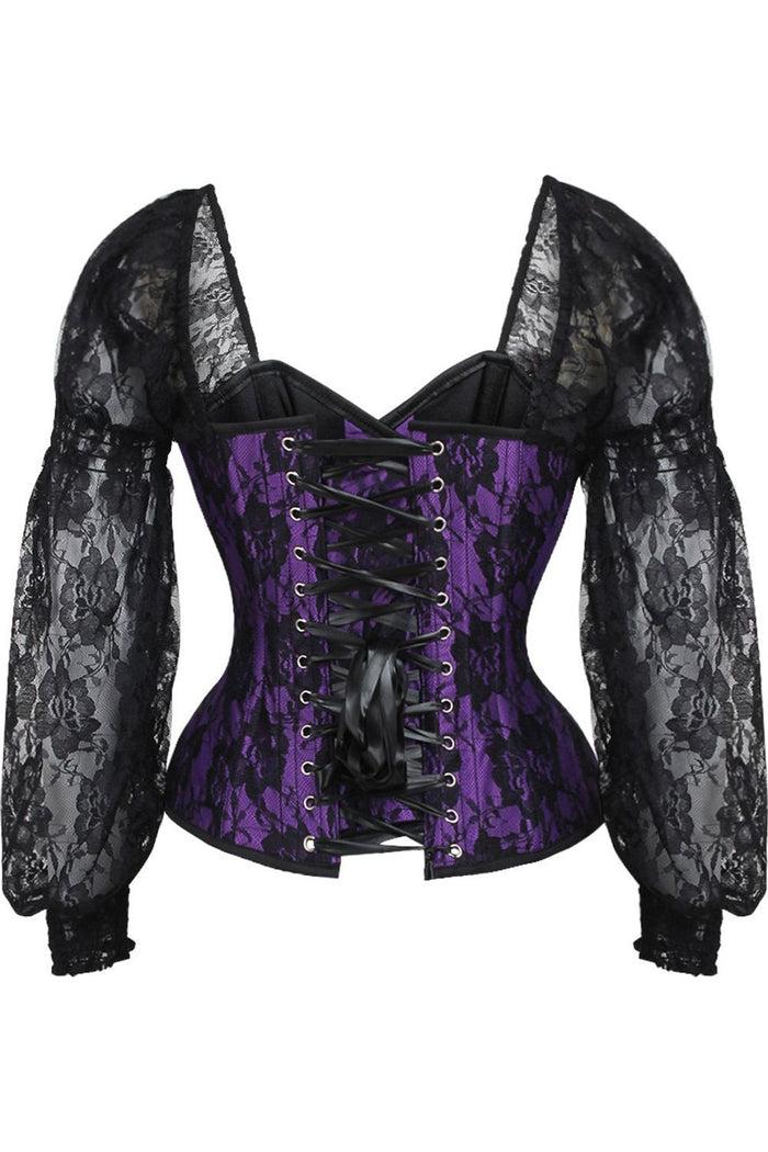 Daisy Beachwear Top Drawer Purple W/Black Lace Steel Boned Long Sleeve Corset