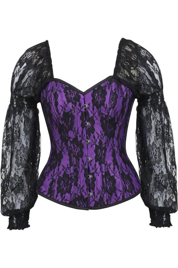daisy beachwear Top Drawer Purple w/Black Lace Steel Boned Long Sleeve Corset