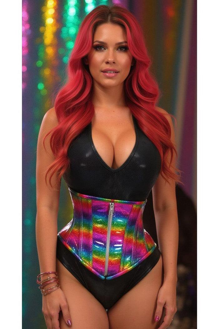 Daisy Beachwear Top Drawer Rainbow Glitter Holo Steel Boned Mid Under Bust Corset
