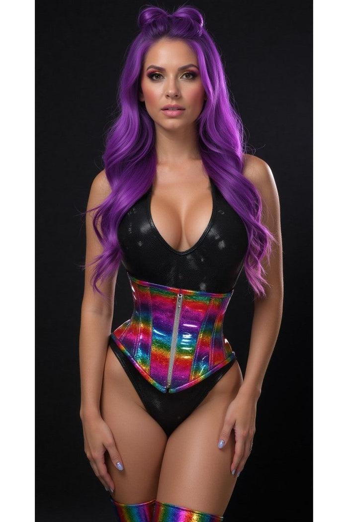 Daisy Beachwear Top Drawer Rainbow Glitter Holo Steel Boned Mid Under Bust Corset