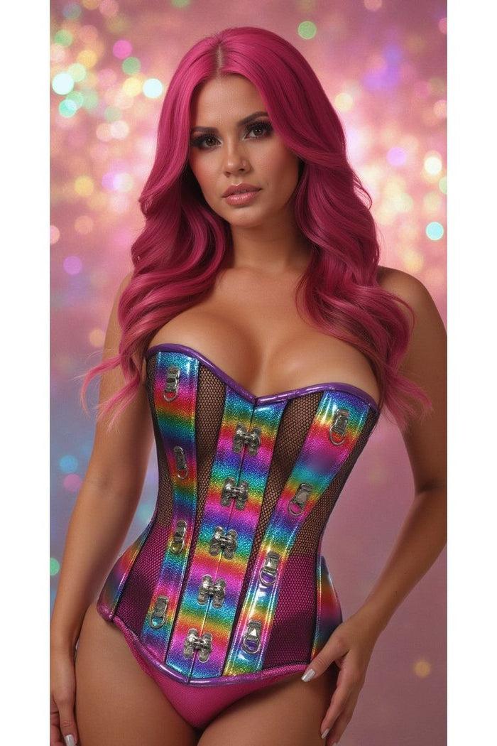 Daisy Beachwear Top Drawer Rainbow Glitter PVC & Black Fishnet Steel Boned Over Bust Corset