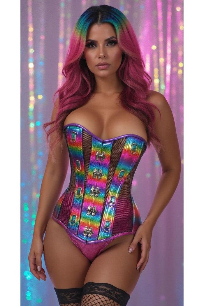 Daisy Beachwear Top Drawer Rainbow Glitter PVC & Black Fishnet Steel Boned Over Bust Corset
