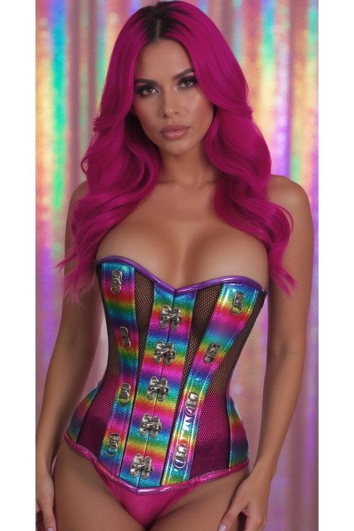 Daisy Beachwear Top Drawer Rainbow Glitter PVC & Black Fishnet Steel Boned Over Bust Corset