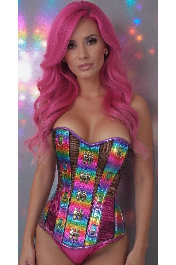 daisy beachwear Top Drawer Rainbow Glitter PVC & Black Fishnet Steel Boned Over Bust Corset