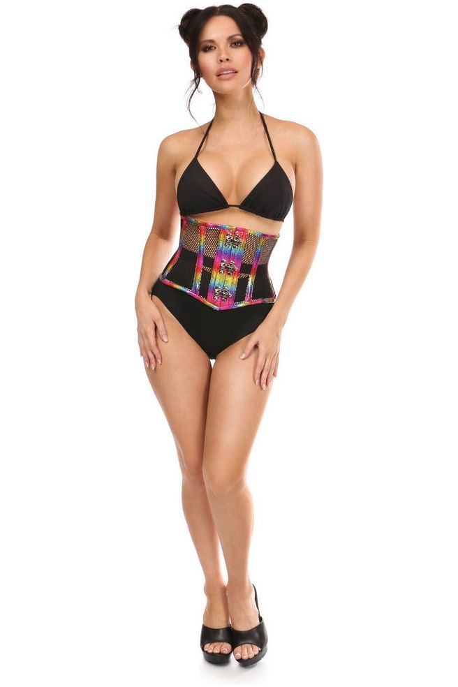 Daisy Beachwear Top Drawer Rainbow Glitter PVC Steel Boned Mini Cincher W/Clasps