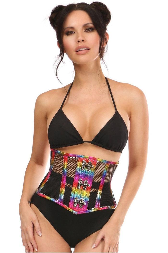 daisy beachwear Top Drawer Rainbow Glitter PVC Steel Boned Mini Cincher w/Clasps