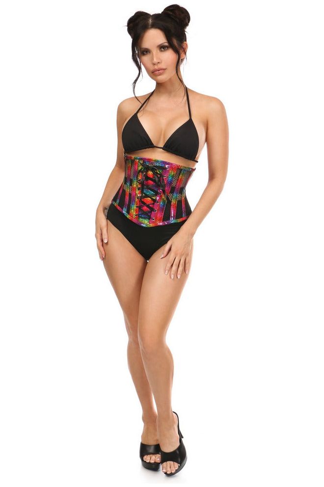 Daisy Beachwear Top Drawer Rainbow Glitter PVC Steel Boned Underbust Corset W/Lace-Up Front