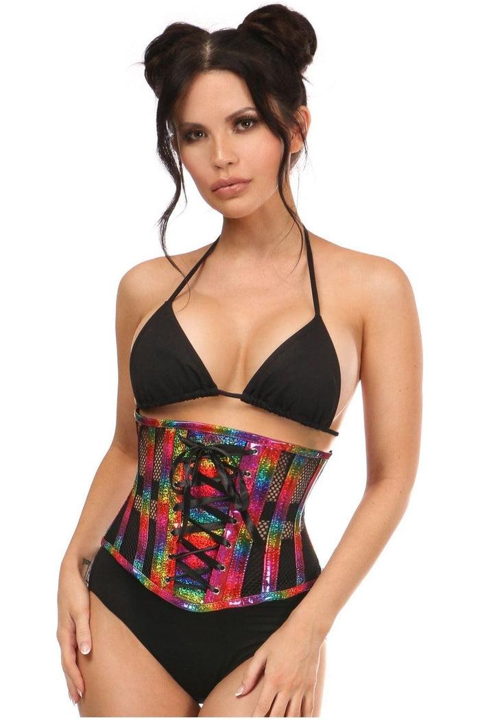daisy beachwear Top Drawer Rainbow Glitter PVC Steel Boned Underbust Corset w/Lace-Up Front