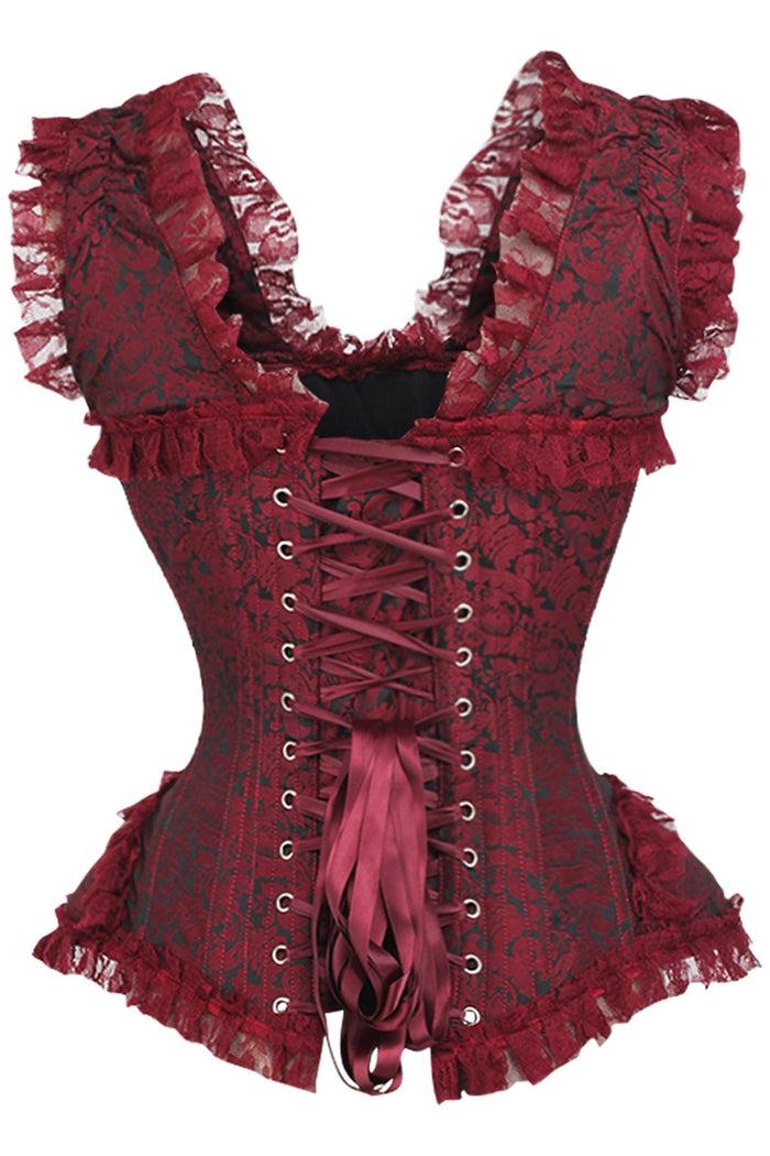 Daisy Beachwear Top Drawer Red/Black Brocade & Lace Steel Boned Corset W/Cap Sleeves
