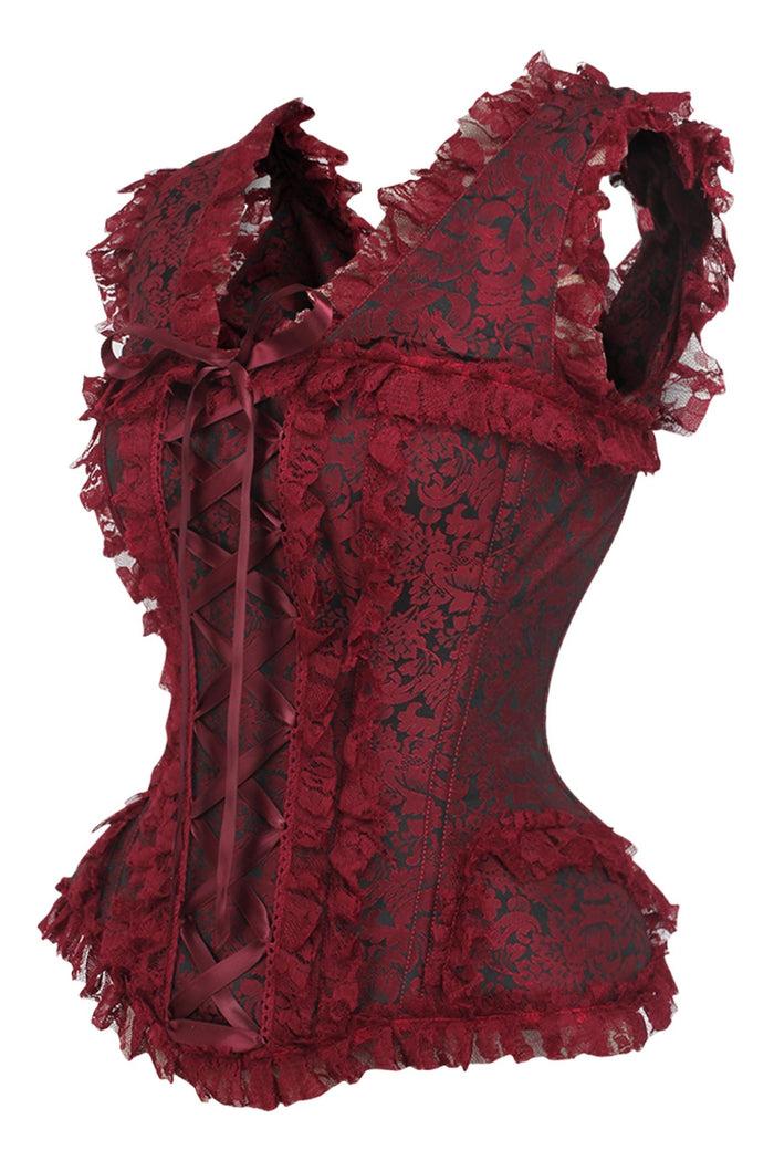 Daisy Beachwear Top Drawer Red/Black Brocade & Lace Steel Boned Corset W/Cap Sleeves