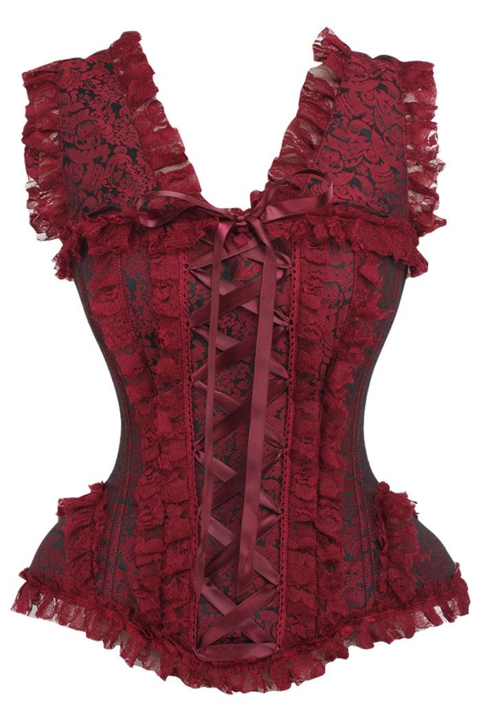 daisy beachwear Top Drawer Red/Black Brocade & Lace Steel Boned Corset w/Cap Sleeves