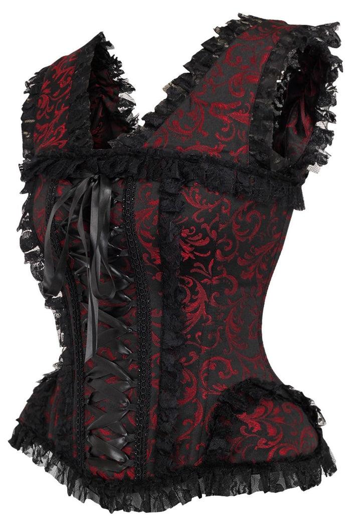 Daisy Beachwear Top Drawer Red/Black Swirl Brocade & Lace Steel Boned Corset W/Cap Sleeves