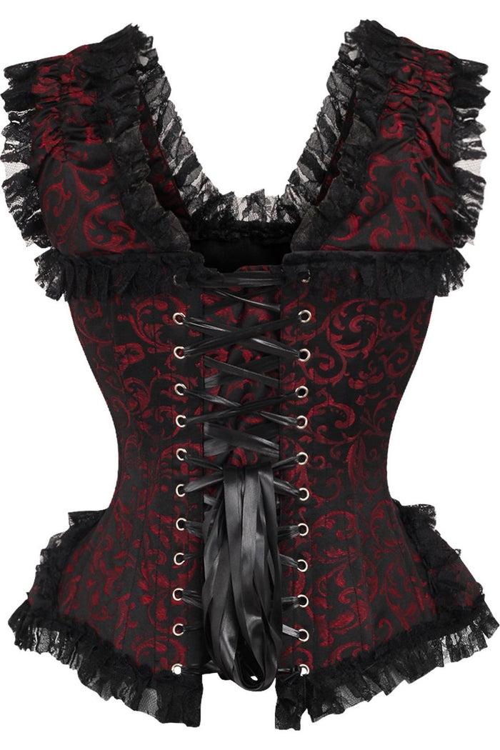 Daisy Beachwear Top Drawer Red/Black Swirl Brocade & Lace Steel Boned Corset W/Cap Sleeves