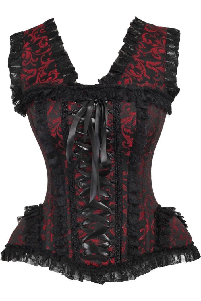 daisy beachwear Top Drawer Red/Black Swirl Brocade & Lace Steel Boned Corset w/Cap Sleeves