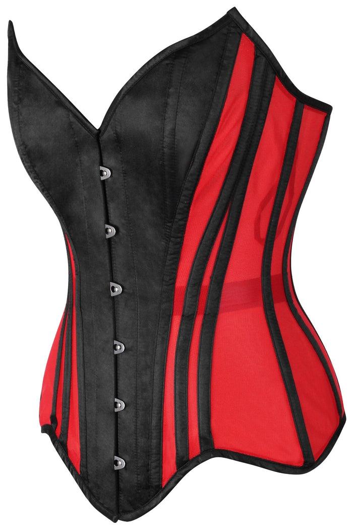 Daisy Beachwear Top Drawer Red Mesh & Black Satin Steel Boned Overbust Corset
