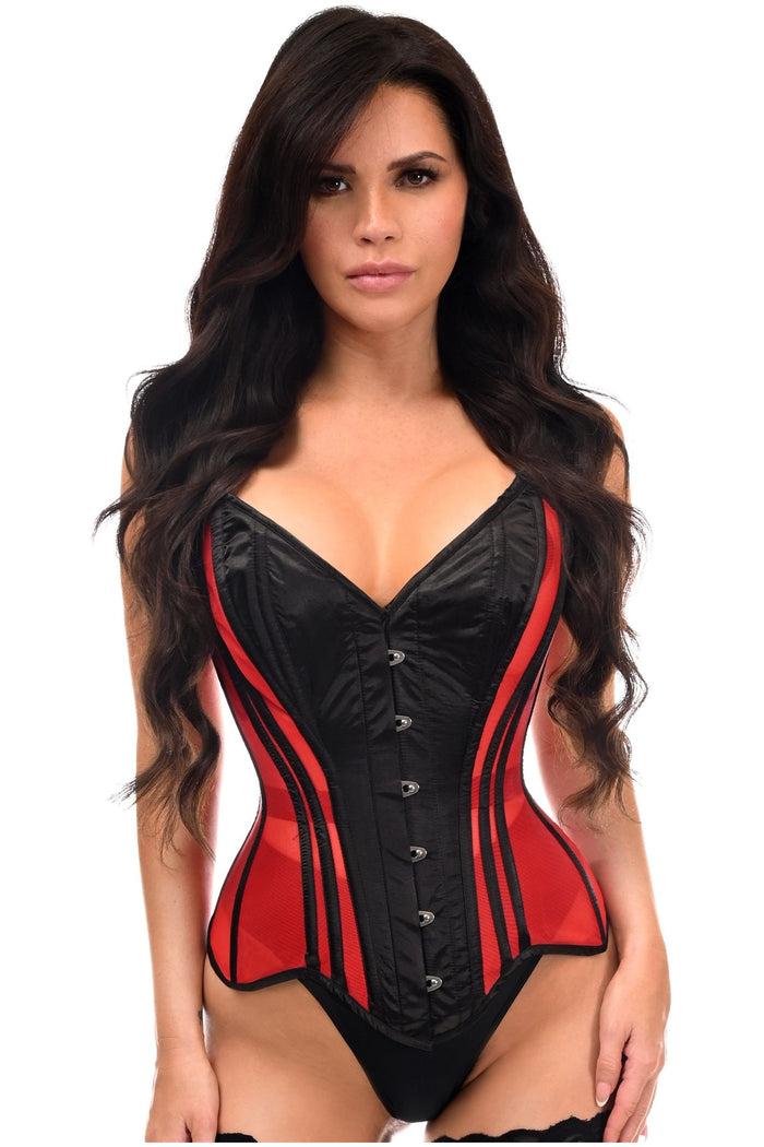 daisy beachwear Top Drawer Red Mesh & Black Satin Steel Boned Overbust Corset