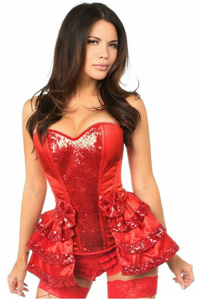 daisy beachwear Top Drawer Red Satin & Sequin Steel Boned Corset w/Removable Snap Skirt