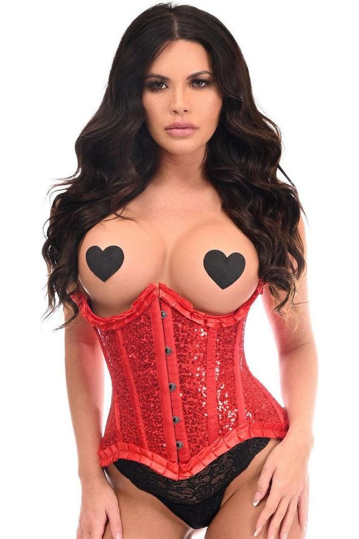 daisy beachwear Top Drawer Red Satin & Sequin Underwire Curvy Cut Steel Boned Waist Cincher Corset