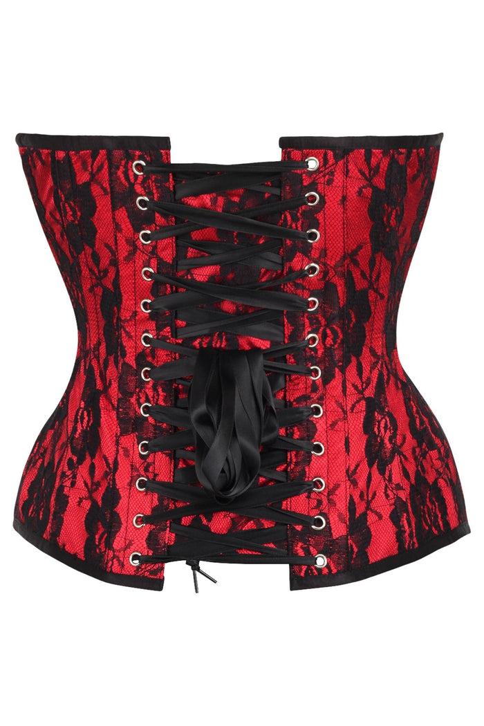 Daisy Beachwear Top Drawer Red Satin W/Black Lace Overlay Steel Boned Overbust Corset