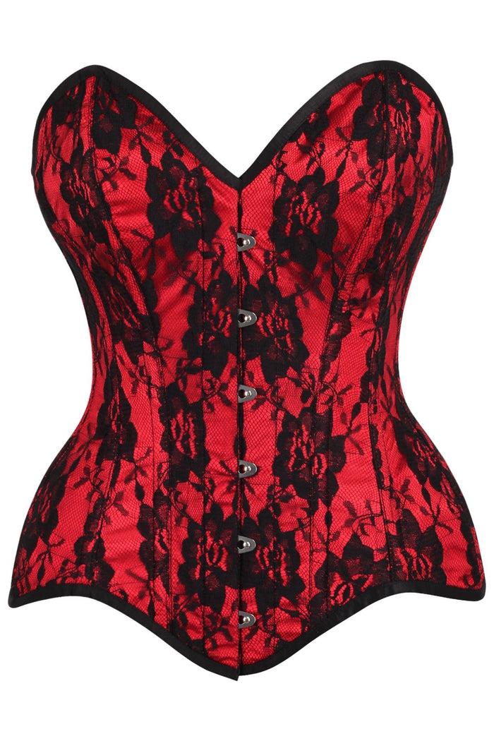 daisy beachwear Top Drawer Red Satin w/Black Lace Overlay Steel Boned Overbust Corset