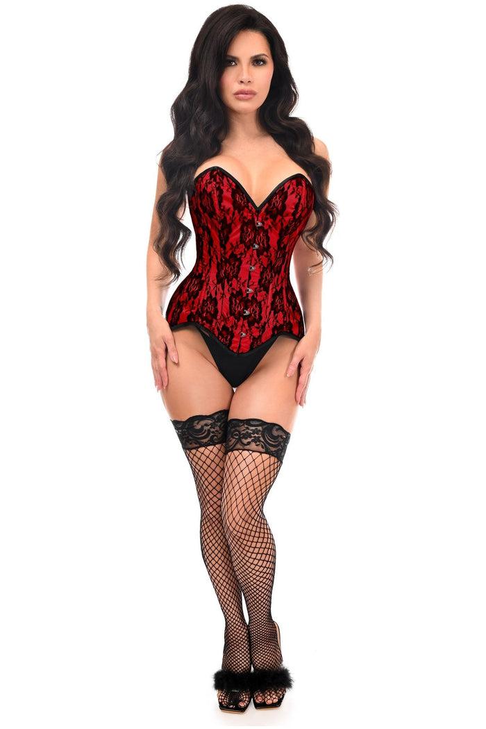 Daisy Beachwear Top Drawer Red Satin W/Black Lace Overlay Steel Boned Overbust Corset