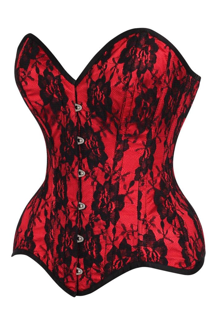 Daisy Beachwear Top Drawer Red Satin W/Black Lace Overlay Steel Boned Overbust Corset