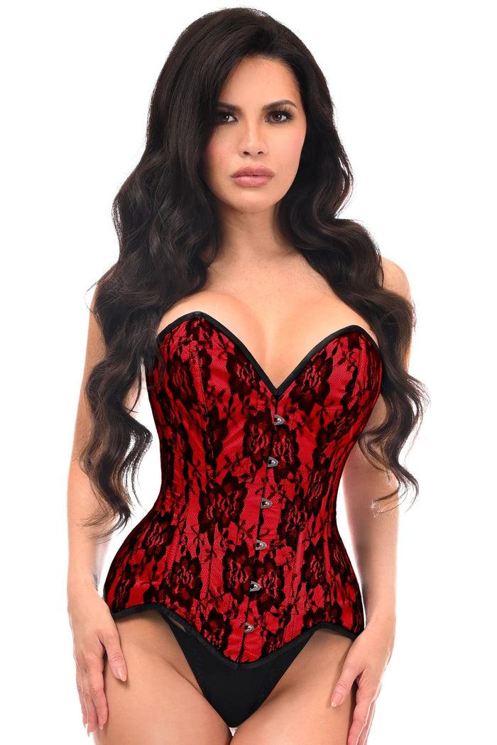 daisy beachwear Top Drawer Red Satin w/Black Lace Overlay Steel Boned Overbust Corset