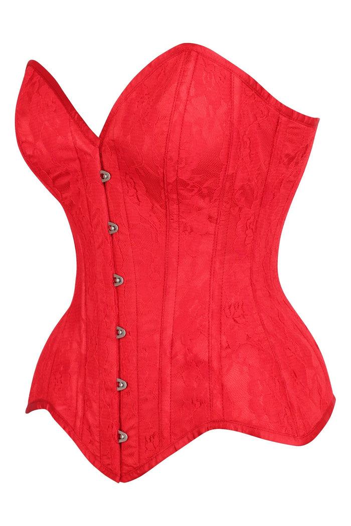 Daisy Beachwear Top Drawer Red Satin W/Red Lace Overlay Steel Boned Overbust Corset