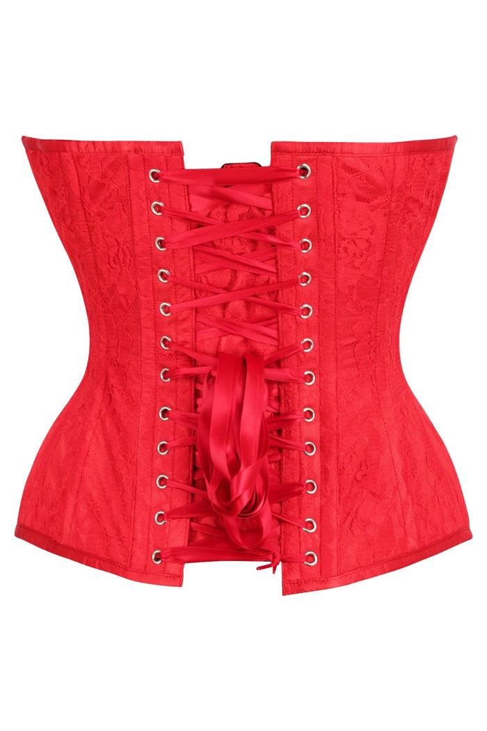 Daisy Beachwear Top Drawer Red Satin W/Red Lace Overlay Steel Boned Overbust Corset