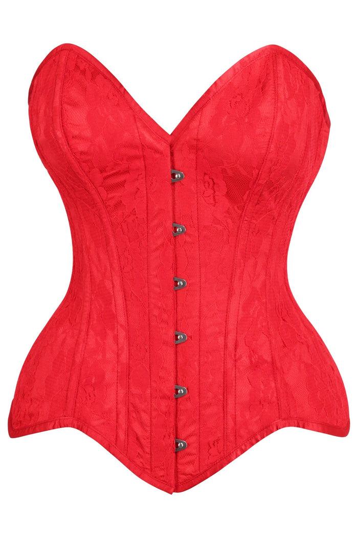 daisy beachwear Top Drawer Red Satin w/Red Lace Overlay Steel Boned Overbust Corset