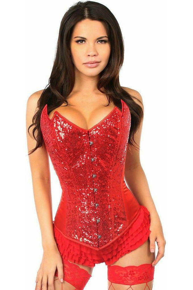 daisy beachwear Top Drawer Red Sequin Pointed Top Steel Boned Corset