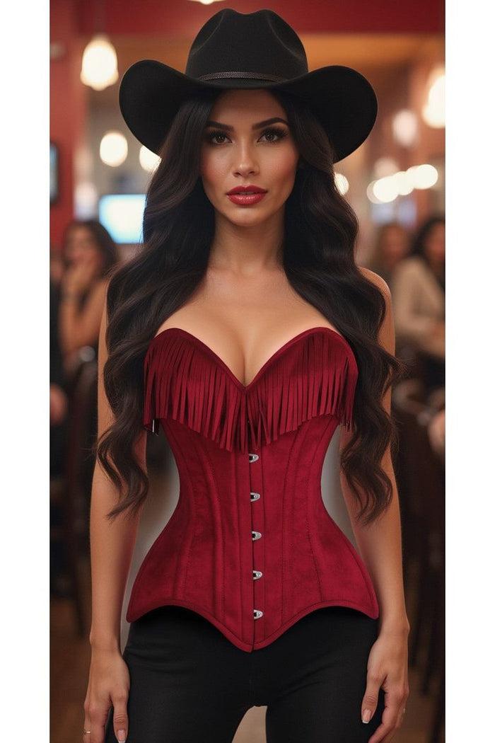 Daisy Beachwear Top Drawer Red Suede Steel Boned Overbust Corset W/Fringe
