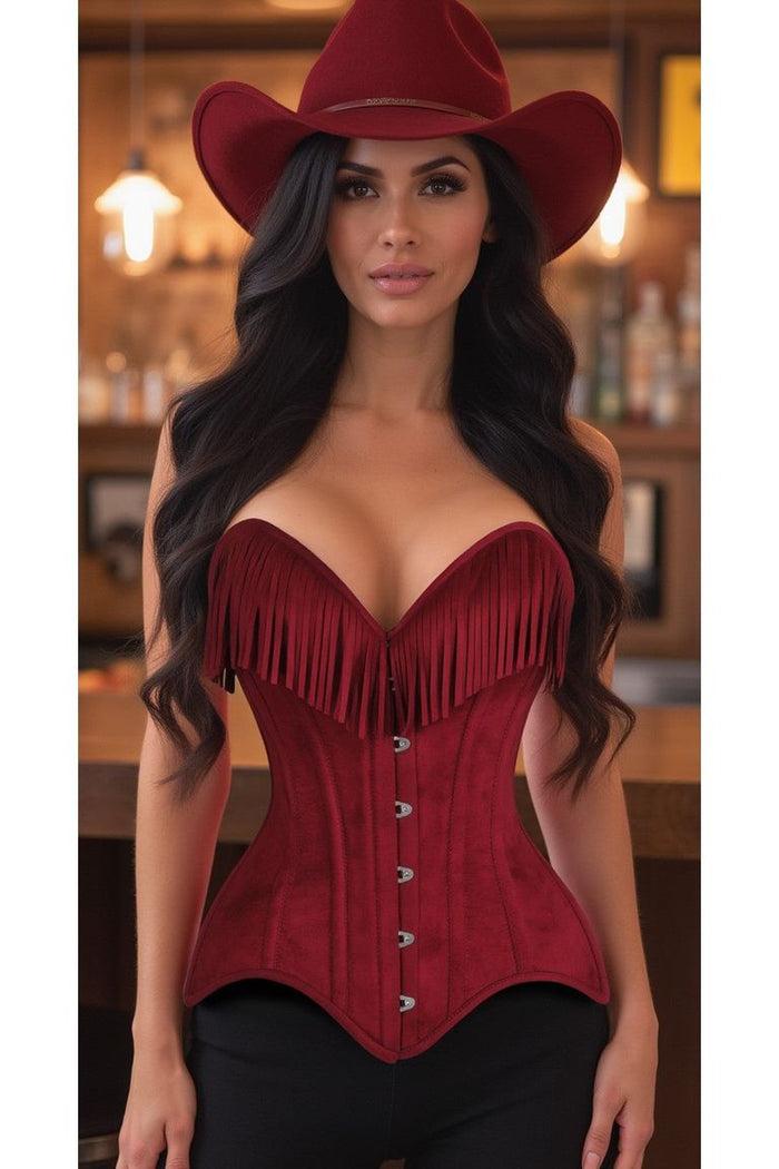 Daisy Beachwear Top Drawer Red Suede Steel Boned Overbust Corset W/Fringe